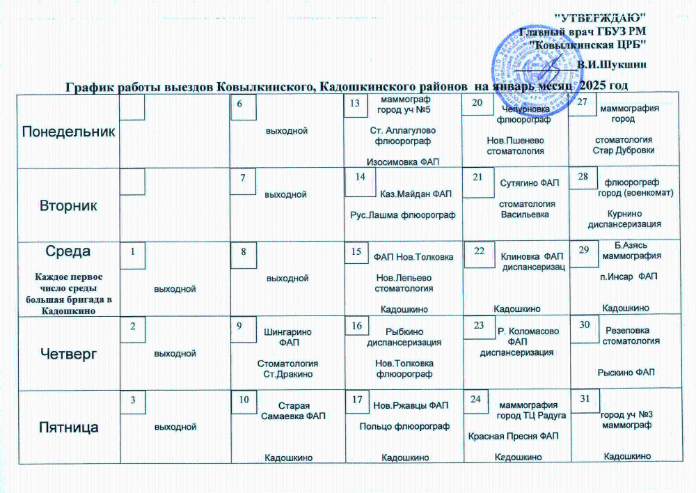 График работы выездов Ковылкинского, Кадошкинского районов на январь 2025 г.